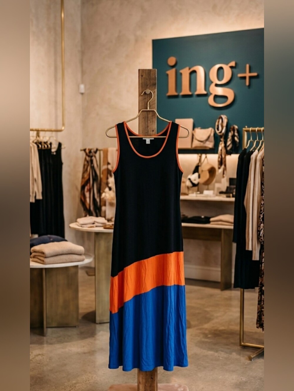 ING Size 2X Colorblock Maxi Dress - Black Orange Blue Sleeveless